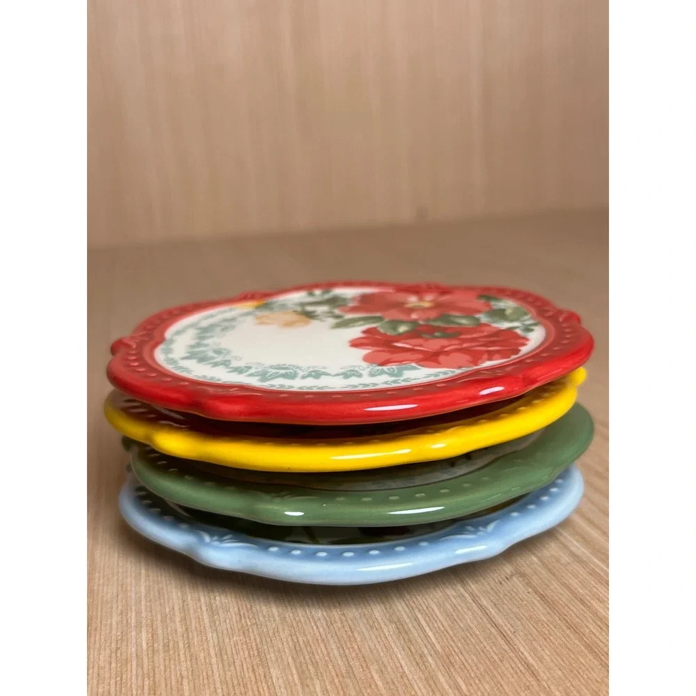 Pioneer Woman Stoneware Coaster Set/4 Floral Scalloped Edge Cork Back Farmhouse